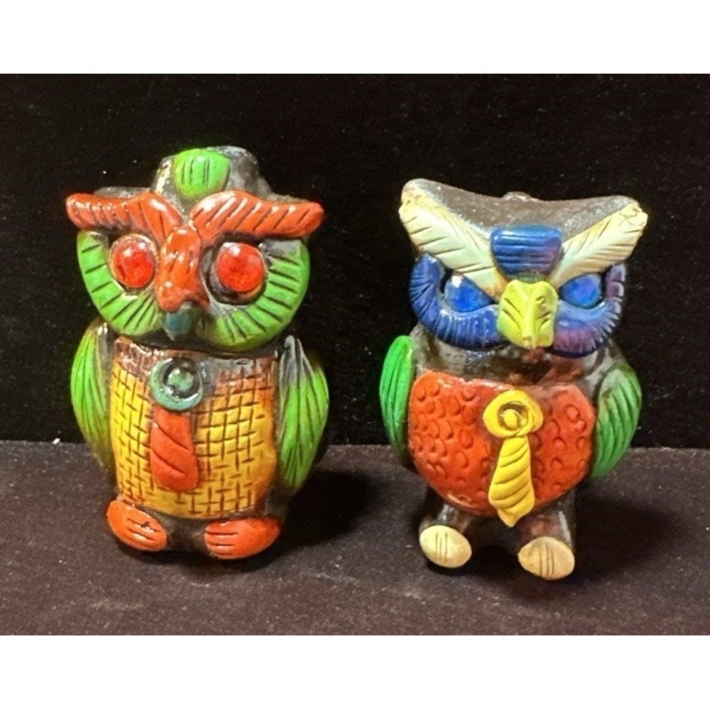 2 Unique Aztec Whistle Owl - Colorful, Hand Made - Mexican Pottery